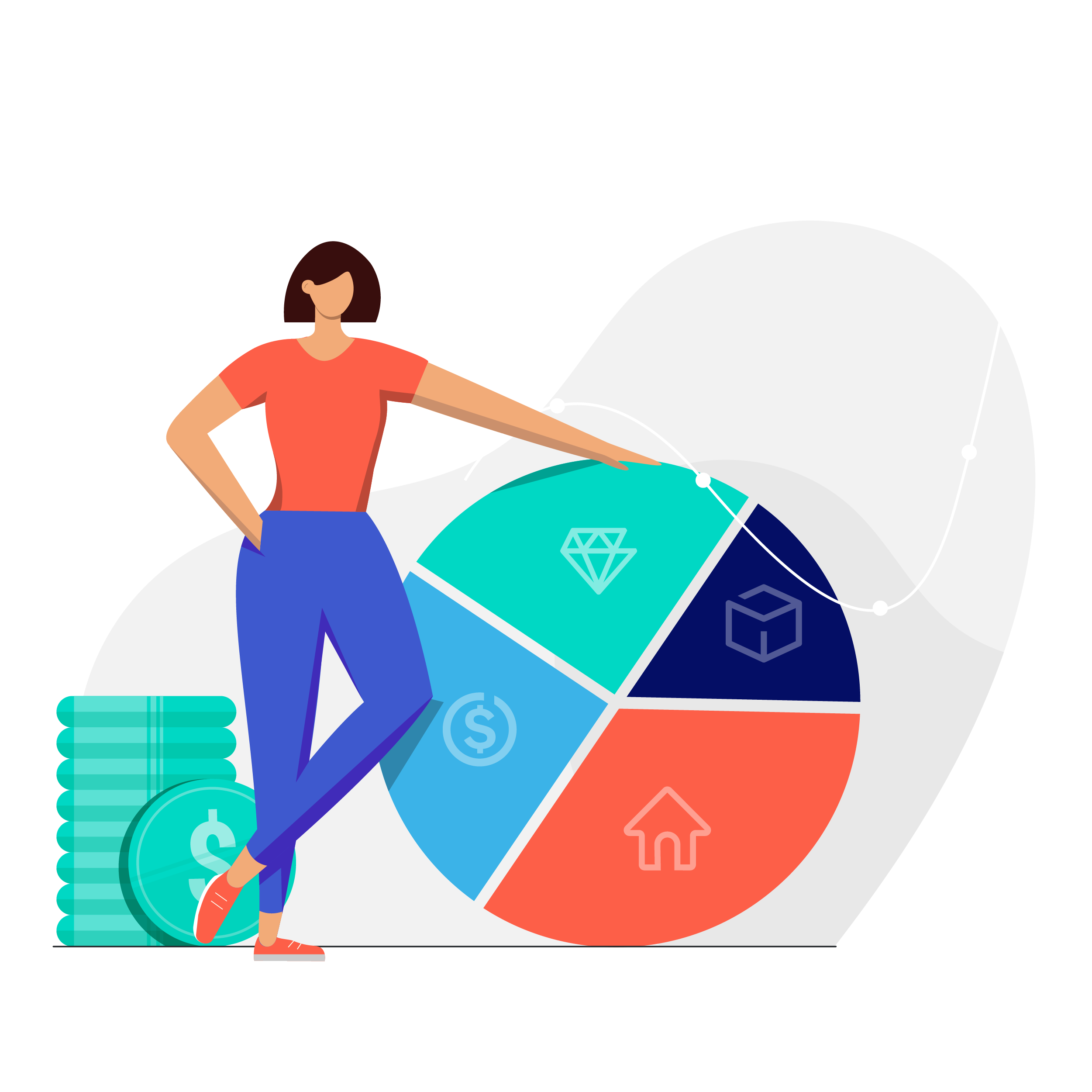 Illustration of a woman in a red shirt and blue pants standing next to a pie chart with sections showing icons for diamond, box, dollar, and home, with a stack of dollar coins nearby.